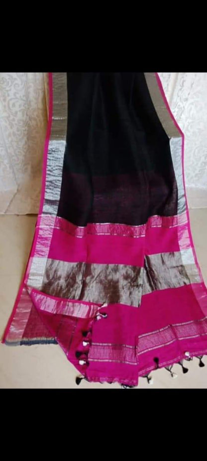 Pure Linen Bengal Handloom Saree with Running Blouse
