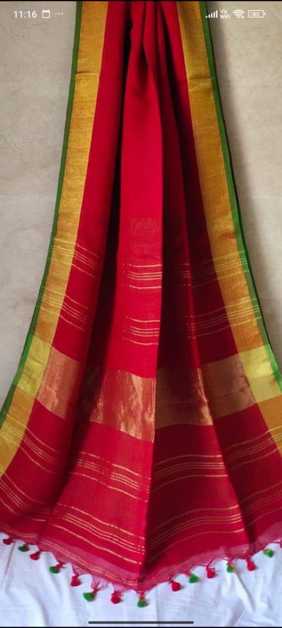 Pure Linen Bengal Handloom Saree with Running Blouse