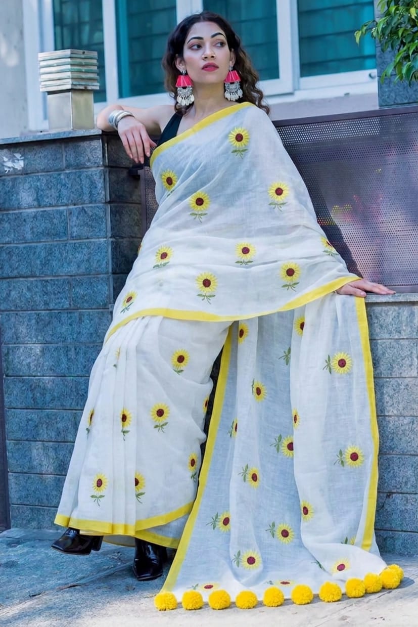 Mul Cotton Saree with Sunflower Embroidery
