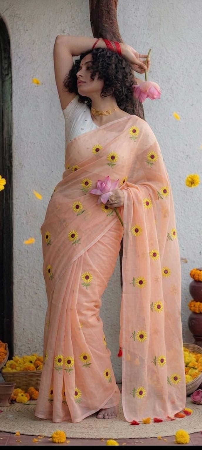 Mul Cotton Saree with Sunflower Embroidery