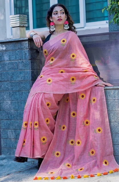 Mul Cotton Saree with Sunflower Embroidery