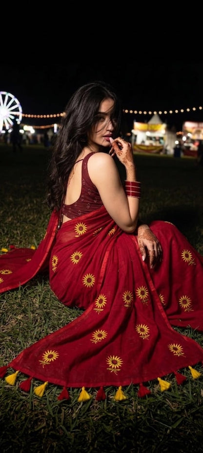 Mul Cotton Saree with Sunflower Embroidery