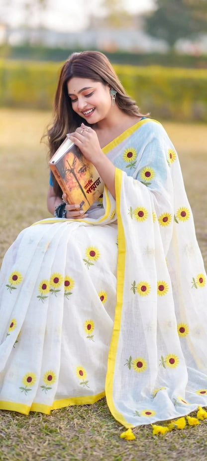 Mul Cotton Saree with Sunflower Embroidery